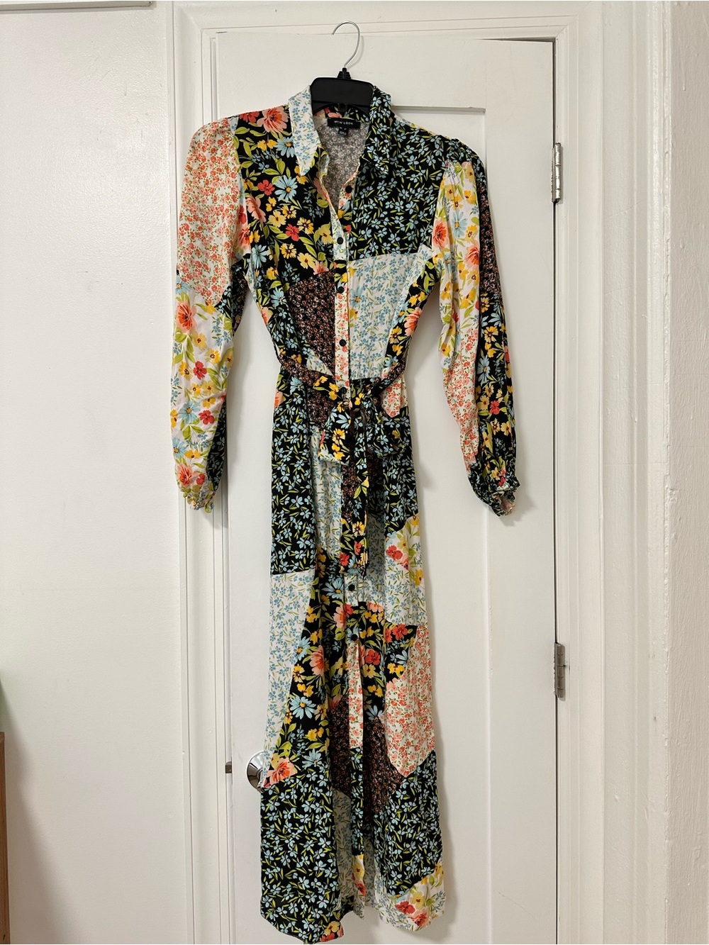 New Look Patchwork Floral button down Dress in Black, Yellow, Blue, Pink